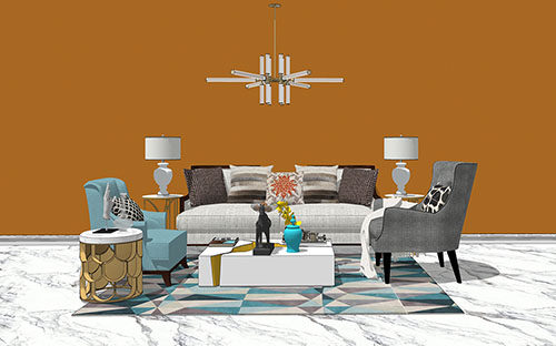 SketchUp模型丨场景模型[客厅空间]美式客厅组合丨ZH00001