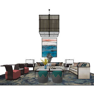 SketchUp模型丨场景模型[中式家具]沙发组合丨MX00002