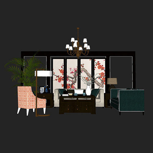 SketchUp模型丨场景模型[中式家具]沙发组合丨MX00030