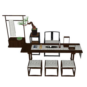SketchUp模型丨组合模型[中式家具]书桌茶桌丨MX00168
