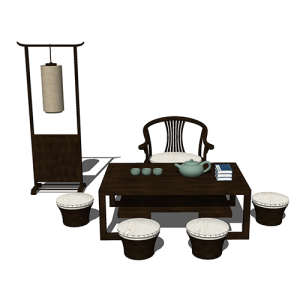 SketchUp模型丨组合模型[中式家具]书桌茶桌丨MX00175