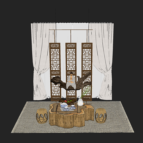 SketchUp模型丨组合模型[中式家具]书桌茶桌丨MX00188