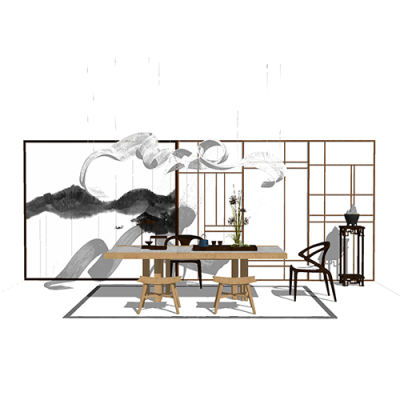 SketchUp模型丨组合模型[中式家具]桌椅组合丨MX00191