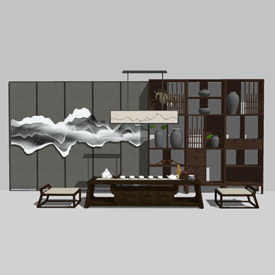 SketchUp模型丨组合模型[中式家具]桌椅组合丨MX00194
