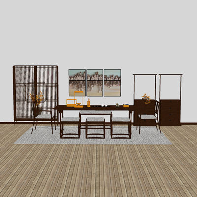 SketchUp模型丨组合模型[中式家具]桌椅组合丨MX00199