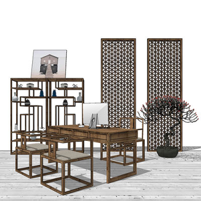 SketchUp模型丨组合模型[中式家具]桌椅组合丨MX00211